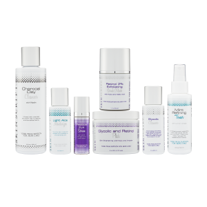 A collection of seven skincare products for oily skin, including Green Tea Citrus Cleanser, Glycolic Cleanser with Antioxidants, Retinol 2% Exfoliation Scrub, Glycolic and Retinol Pads, Cucumber Hydration Toner, Peptide Eye Serum, and Light Aloe Moisturizer. Arranged neatly, these products emphasize oil-balancing, hydration, and pore refining in an effective oily skincare routine.