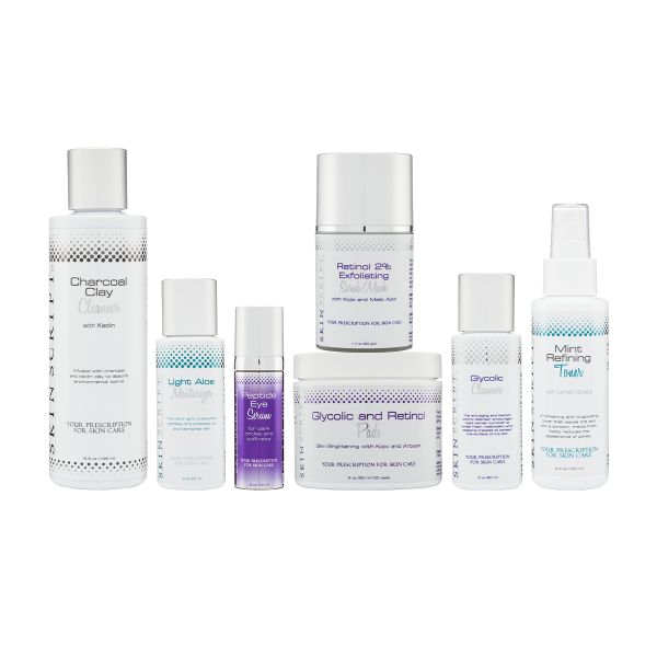 A collection of seven skincare products for oily skin, including Green Tea Citrus Cleanser, Glycolic Cleanser with Antioxidants, Retinol 2% Exfoliation Scrub, Glycolic and Retinol Pads, Cucumber Hydration Toner, Peptide Eye Serum, and Light Aloe Moisturizer. Arranged neatly, these products emphasize oil-balancing, hydration, and pore refining in an effective oily skincare routine.