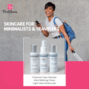 A promotional image for the Minimalist and Traveler skincare kit, featuring a person with a blue backpack and suitcase. The text "SKINCARE FOR MINIMALISTS & TRAVELERS" highlights the concept. Below, the three included products—Charcoal Clay Cleanser, Mint Refining Toner, and Light Aloe Moisturizer—are neatly displayed, providing a simple yet effective skincare routine.