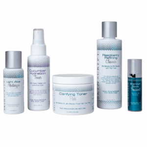 A collection of five skincare products from Skin Script designed for acne-prone skin, including Raspberry Refining Cleanser, Clarifying Toner Pads, Cucumber Hydration Toner, Blemish Spot Treatment, and Light Aloe Moisturizer. The products are displayed in a neat row against a light-colored background, promoting a complete acne skincare routine.