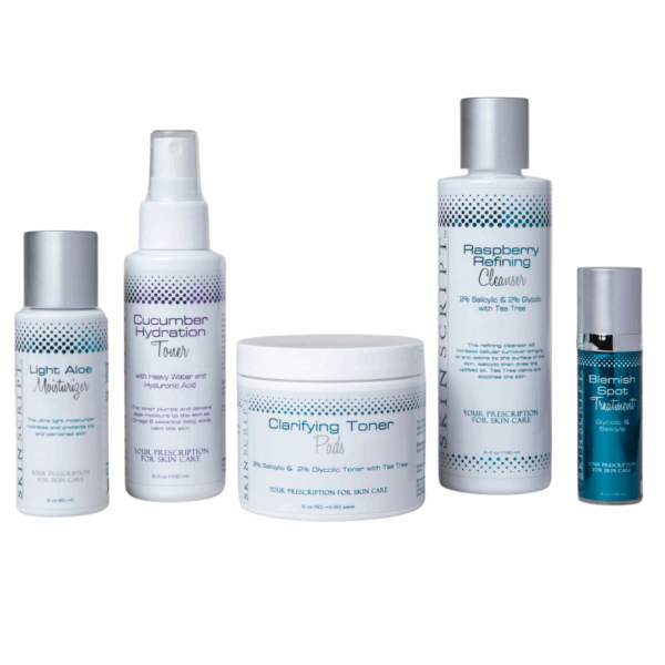 A collection of five skincare products from Skin Script designed for acne-prone skin, including Raspberry Refining Cleanser, Clarifying Toner Pads, Cucumber Hydration Toner, Blemish Spot Treatment, and Light Aloe Moisturizer. The products are displayed in a neat row against a light-colored background, promoting a complete acne skincare routine.
