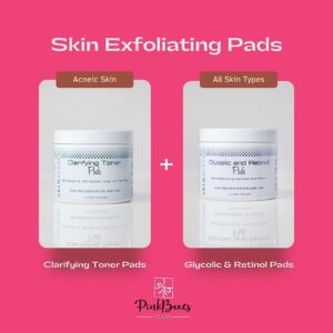A skincare advertisement featuring two skin exfoliation pads from Pink Boxes Club. The Clarifying Toner Pads, designed for acne-prone and oily skin, reduce congestion and soothe breakouts, while the Glycolic and Retinol Pads brighten and refine the skin for all skin types. The image layout contrasts their benefits to help users choose the right exfoliating treatment.