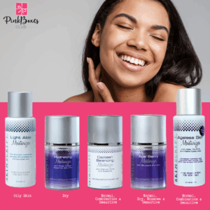 A display of five different facial moisturizers from PinkBoxes Club, each designed for specific skin types. The moisturizers are labeled as Light Aloe Moisturizer for oily and acneic skin, Hydrating Moisturizer for dry and dehydrated skin, Cacteen Balancing Moisturizer for normal, combination, and sensitive skin, Acai Berry Moisturizer for oily and acneic skin, and Ageless Skin Moisturizer for normal, combination, and sensitive skin.
