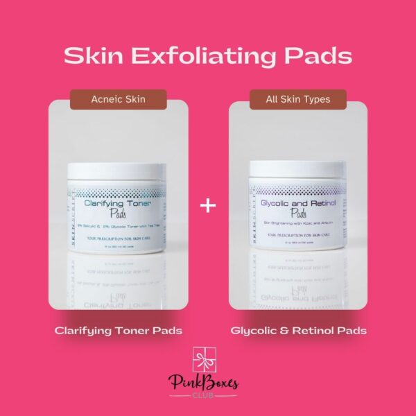 A skincare advertisement featuring two skin exfoliation pads from Pink Boxes Club. The Clarifying Toner Pads, designed for acne-prone and oily skin, reduce congestion and soothe breakouts, while the Glycolic and Retinol Pads brighten and refine the skin for all skin types. The image layout contrasts their benefits to help users choose the right exfoliating treatment.