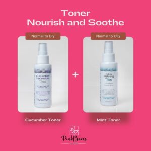 An advertisement for Refreshing Skin Toners from PinkBoxes Club, displaying two distinct formulas for different skin types. The Cucumber Hydration Toner, suited for normal to dry skin, is on the left, and the Mint Refining Toner, ideal for normal to oily skin, is on the right. The background is pink with bold text reading "Toner Nourish and Soothe," highlighting the toners' hydrating and soothing benefits. Would you like any tweaks to better match your branding and marketing goals?