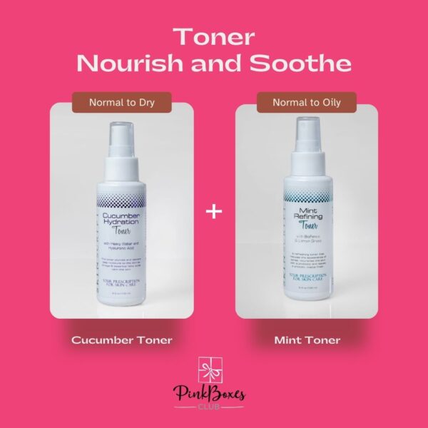 An advertisement for Refreshing Skin Toners from PinkBoxes Club, displaying two distinct formulas for different skin types. The Cucumber Hydration Toner, suited for normal to dry skin, is on the left, and the Mint Refining Toner, ideal for normal to oily skin, is on the right. The background is pink with bold text reading "Toner Nourish and Soothe," highlighting the toners' hydrating and soothing benefits. Would you like any tweaks to better match your branding and marketing goals?