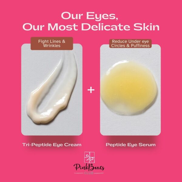 An advertisement for nourishing eye creams, featuring two skincare products designed to care for the delicate under-eye area. The left side showcases the Tri-Peptide Eye Cream, which reduces wrinkles and puffiness, while the right side highlights the Peptide Eye Serum, which brightens dark circles and firms the skin. The image has a soft pink background with white and brown text emphasizing the benefits of each eye cream. Description: This promotional image highlights nourishing eye creams, carefully formulated to restore and protect the delicate skin around the eyes. Displayed side by side, the Tri-Peptide Eye Cream works to firm, tighten, and reduce puffiness, particularly combating the effects of digital pollution from phone and computer screens. The Peptide Eye Serum focuses on brightening dark circles, improving circulation, and encouraging moisture balance for a refreshed look. The soft pink background enhances the elegant, skincare-focused branding, while clear text emphasizes the benefits of each product for revitalized, youthful eyes. Would you like any adjustments to better align with your marketing strategy?
