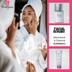 A person in a white bathrobe and towel turban applies skincare product in front of a mirror. The advertisement promotes Pink Boxes Club facial scrubs for mechanical and chemical exfoliation, featuring Retinol 2% Exfoliating Scrub/Mask and Raspberry Pore Refining Scrub