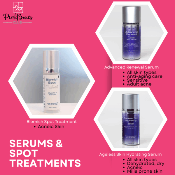 An advertisement for Boost Your Routine to Treat Skin Challenges, featuring three skincare products from PinkBoxes Club: Acne and Blemish Spot Treatment, Advance Renewal Serum, and Ageless Skin Hydrating Serum. The products are displayed in hexagonal frames against a pink background, emphasizing their targeted benefits for breakouts, aging, and hydration.